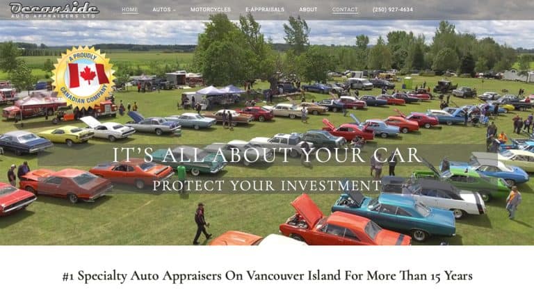 Oceanside Auto Appraisers website redesign with car show aerial photo – small business web design case study by Spine & Leaf Media