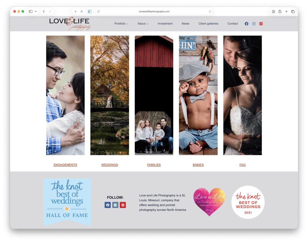 Image of the Love and Life Photography home page – an effective photography website design case study