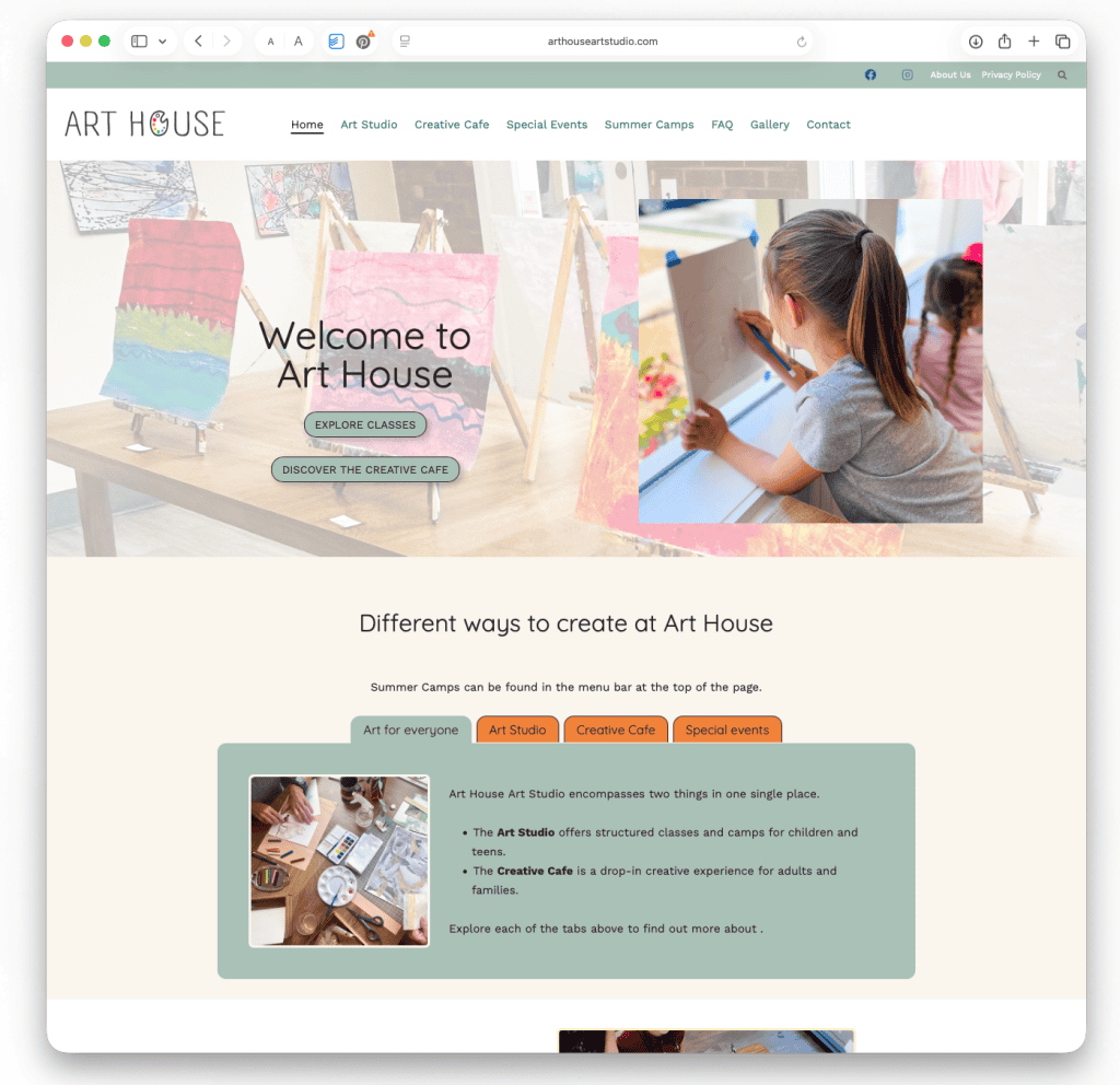 The Art House Art Studio homepage, a small business web design case study for a New Bern art studio